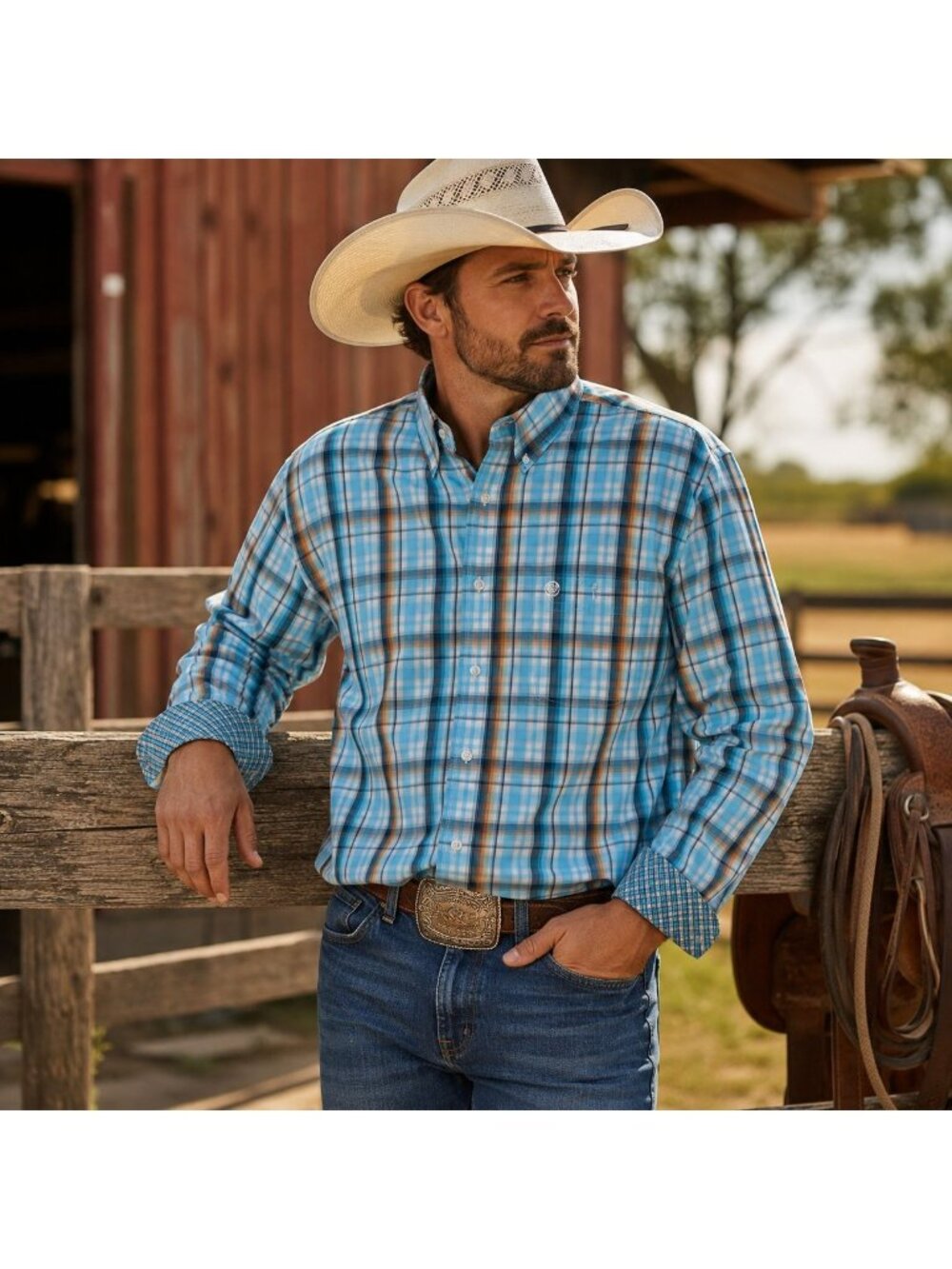 Wrangler George Strait Mens 2XL Blue Plaid Long Sleeve Button Down Western Shirt